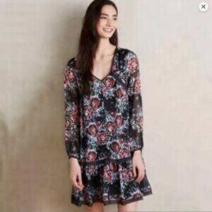 Maeve Anthropologie swing Trapeze Dress black floral tiered Boho Large